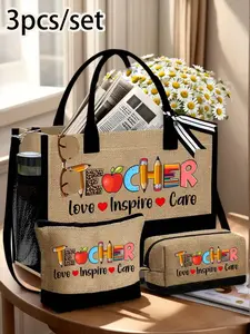 A set of teacher love-inspired printed tote bags, Handbag Tote Bag, Coarse fabric tote set, lightweight coarse cloth shopping bags, can be used as travel beach bags, teacher appreciation gifts, suitable for weddings, holidays