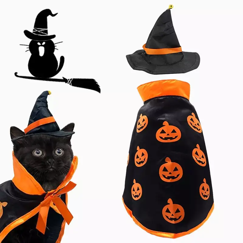 Pet Halloween Pumpkin Cape and Bonnet Set for Holiday Cat Pumpkin cute Costume