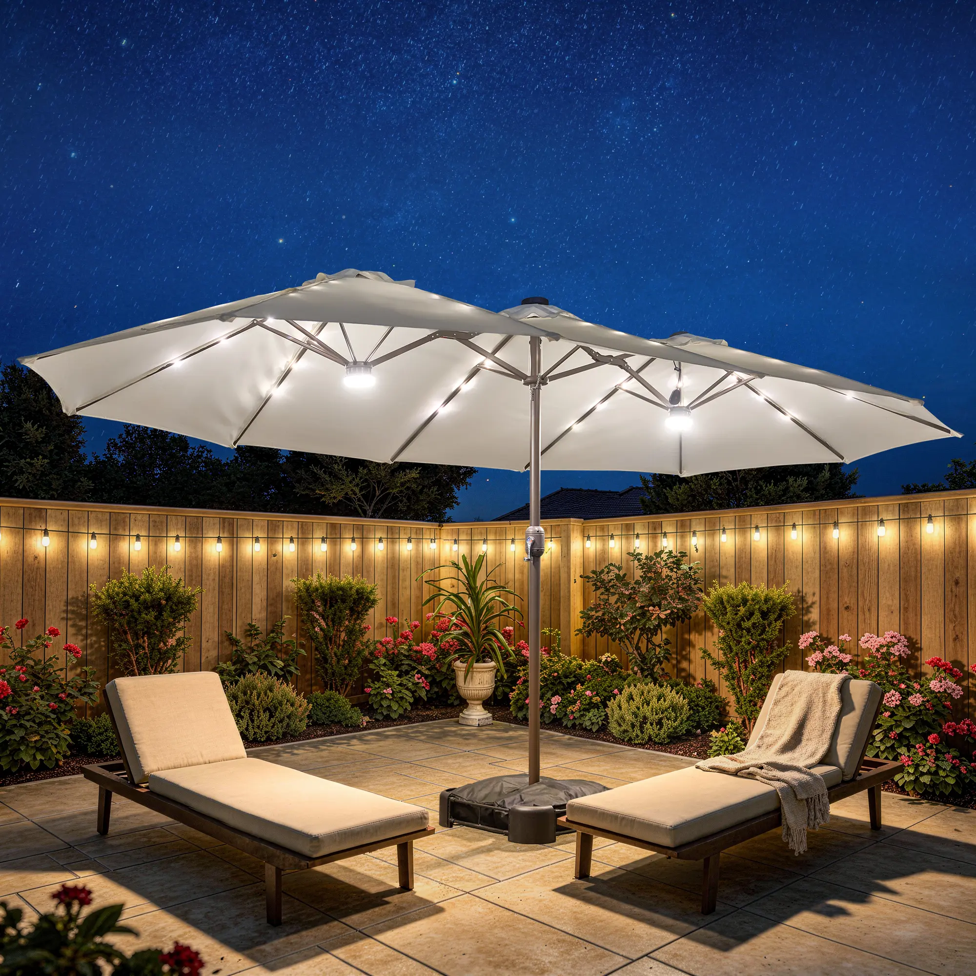 CAODOC 15/10Ft Patio Umbrella With Base, Extra Large Outdoor Double-Sided Twin Umbrella with Crank Handle for Garden, Deck, Poolside, Patio