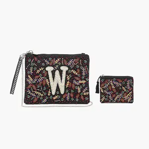 W Initial Embellished Pouch with Coin Bag Hand Beaded Floral Design Fall Colors 10.5" x 7.5" Wristlet Strap Perfect Gift