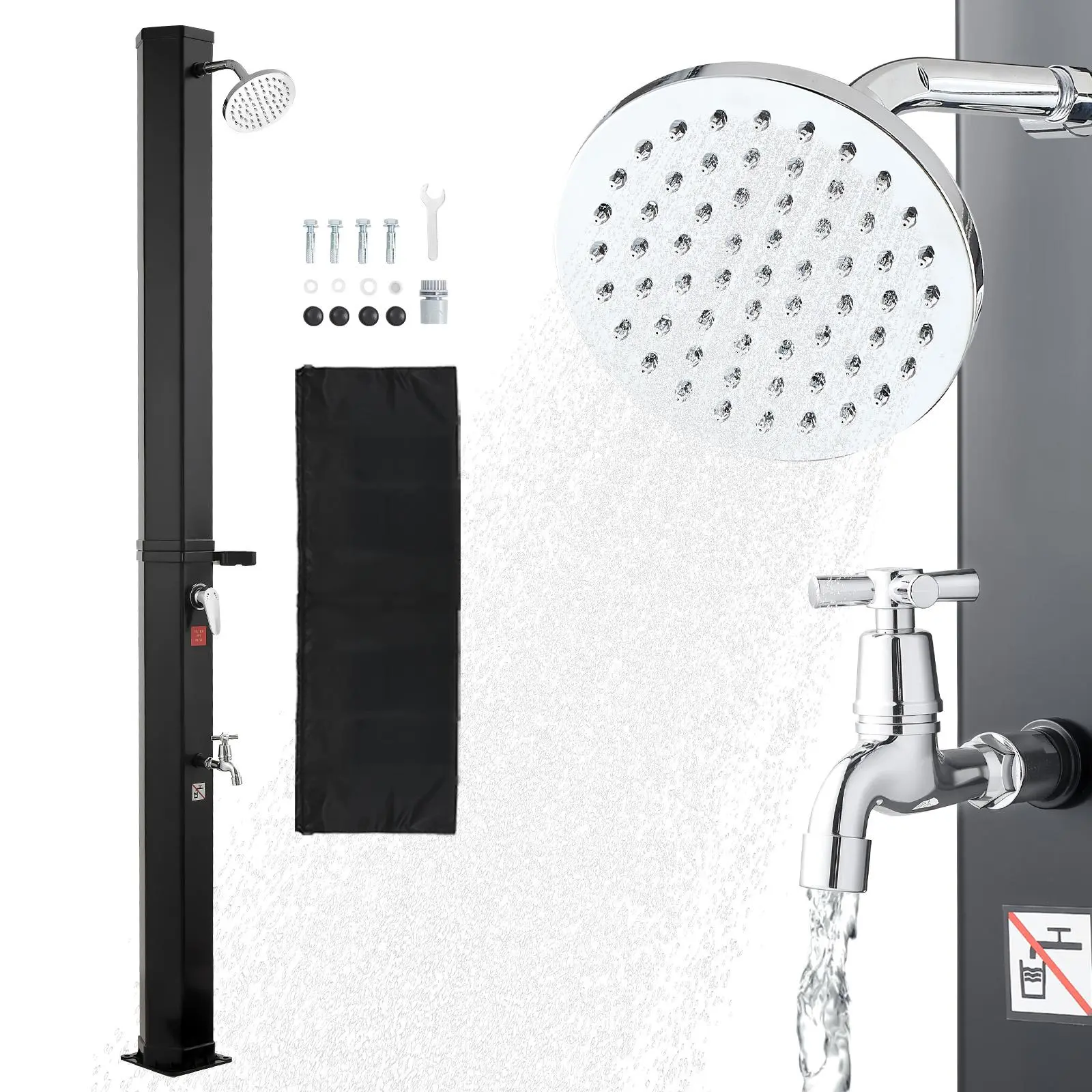VEVOR 9.2gal Solar Heated Freestanding Outdoor Shower, 6.4ft Height Unit with Adjustable Rain Shower Head, Foot Faucet, Soap Box Rack, Hot/Cold Mix Water Adjustment, Oxford Cover, for Backyard, Poolside, Black