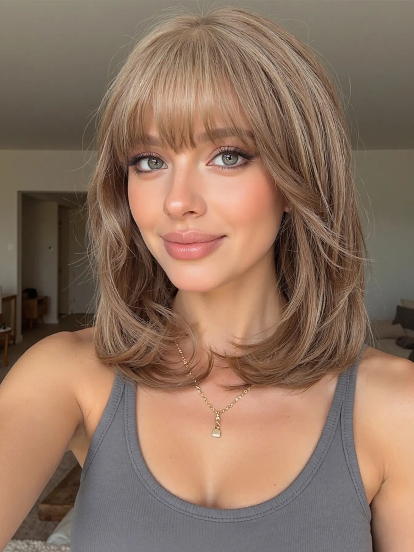 14 Inch Layered Wig for Women, Natural Comfort Synthetic Hair, Daily Commute Wear, All Ages Elegant Ladies Wig with Bangs, Synthetic Material Wigs