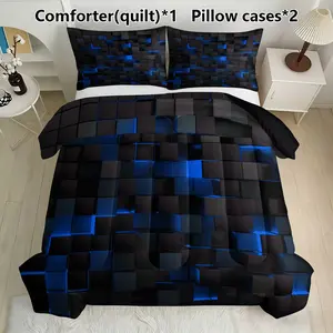 Futureuristic Neon Plaid Quilt Set (1 Quilt + 2 Pillowcases), Soft Breathable, Digital Print, Multiple Sizes Available, Home Use