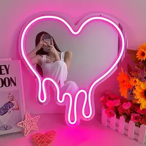 Melting Heart Mirror for WallDecor Adjustable Brightness Heart Neon Mirror withLight for Bedroom and Girl's Room Party StudioShopDecor Birthday Gift