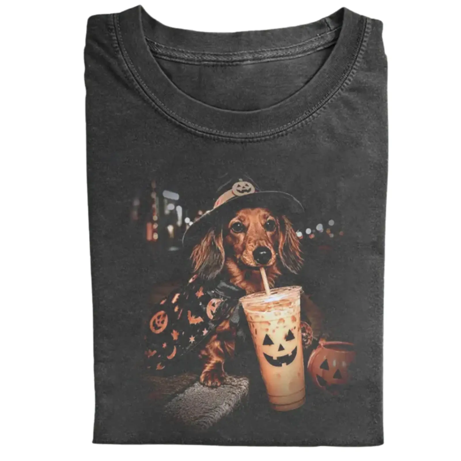 Funny Halloween Dachshund Drinking Iced Coffee Comfort Colors T-shirt, Vintage 90s Spooky Wiener Dog Witch Graphic Tee, Fall Trick Or Treat Casual Streetwear, Unisex Fit Design, Gift for Dog Lovers