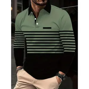 Men'S Fashion riped Long Sleeve Polo Shirt, Casual Golf Top with Button Lapel Collar, 100% Polyeer Knit Fabric, Slight retch, Regular Fit - Spring/Fall
