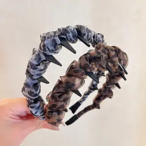 Chic Leopard Print Headband High Cranial Non-Slip Toothed Hairband With Ruched Fabric Comfortable Grey Fashion Accessory For Women's Everyday Wear Work & Events