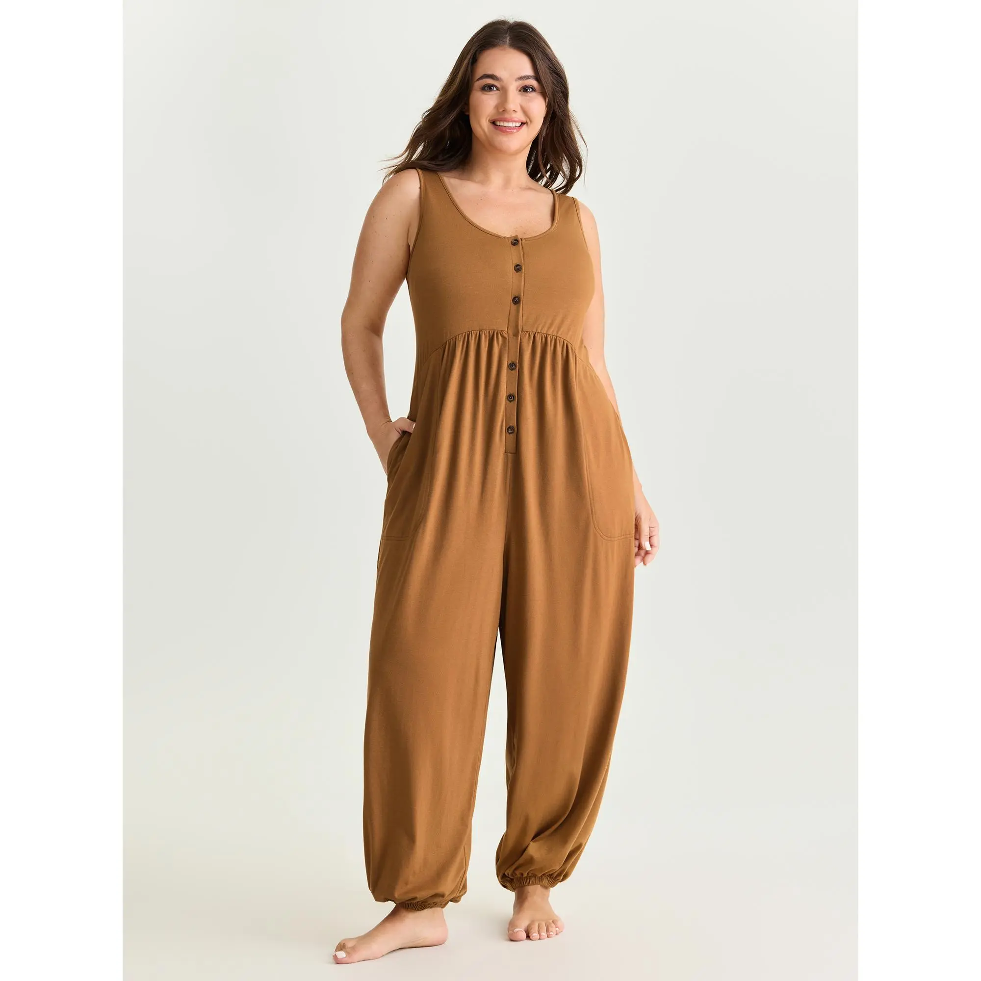 BLOOMCHIC Women's Plus Size Jumpsuits Overalls - Supersoft Spandex-Polyester-Rayon-Elastane Blend Fabric, Button Details, Pleated Cuffed Hem Sleeves, Pockets, Basic Fit, Minimalist Lounge Wear, M-6X, Cold Wash, Low Iron, 2026 Summer Deal, Spandex Blend, G