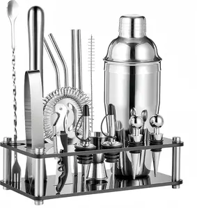 18- Professional  Shaker Set and Bartender Kit with Stand, Stainless Steel Bar Tools  Set with Muddler, Jigger, Mixing Spoon for  Bar and Mixology