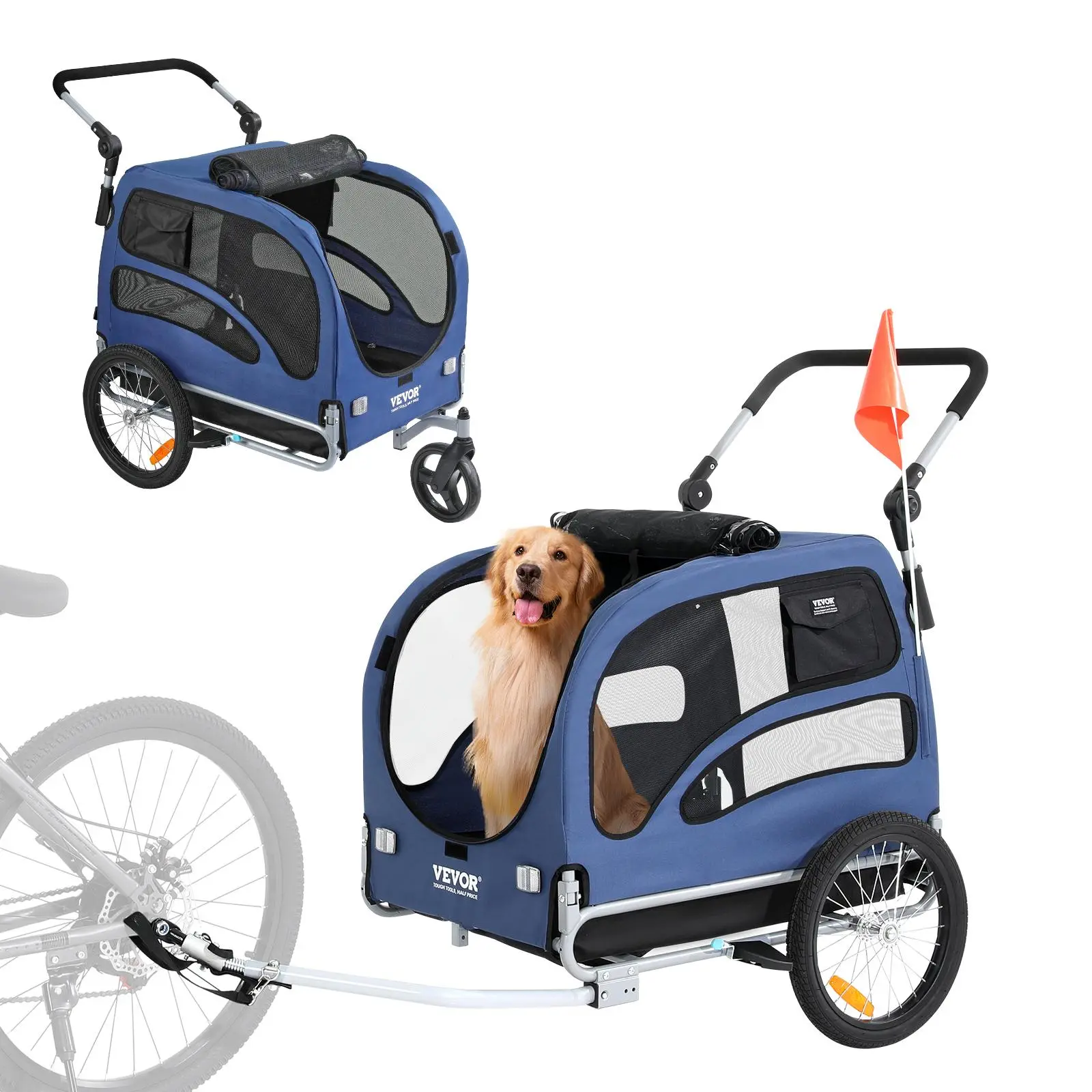 VEVOR Outdoor Dog Bike Trailer & 2-in-1 Pet Stroller Bicycle Carrier, 100 lbs Capacity, Easy-Folding Frame, Quick-Release Wheels, Universal Coupler, Reflectors, Flag, Blue/Black