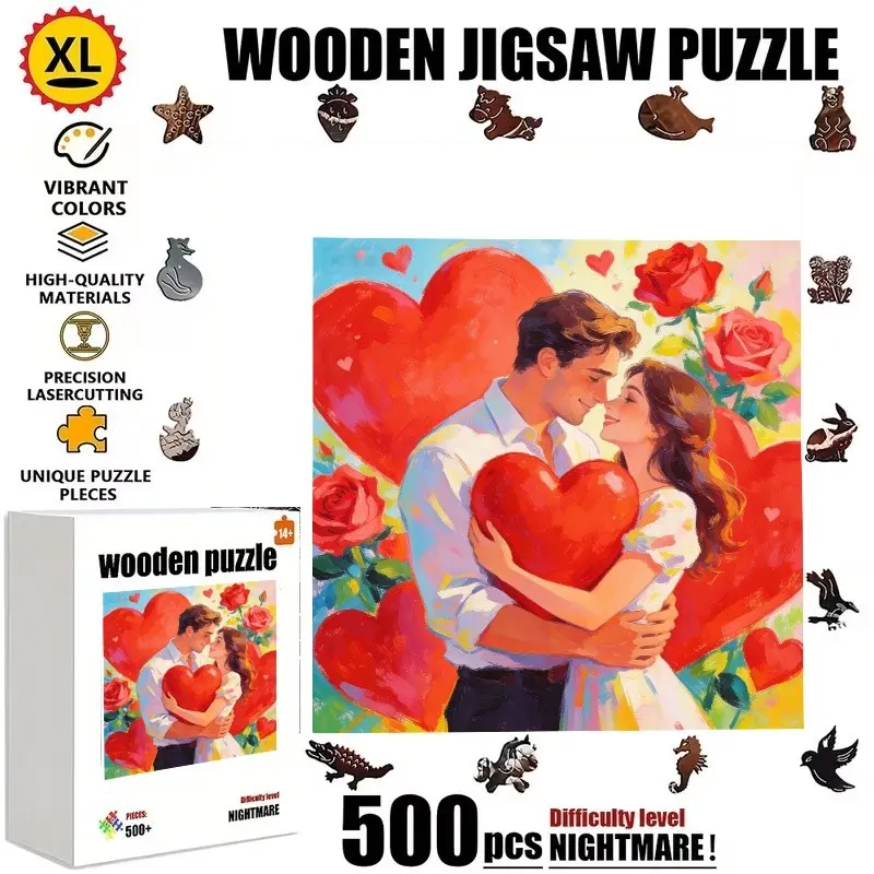 500 Piece Wooden Puzzle, Colorful Valentine Couple Pattern, Unique Irregular Shapes, Home Entertainment, Relaxing Activity, Perfect Decor