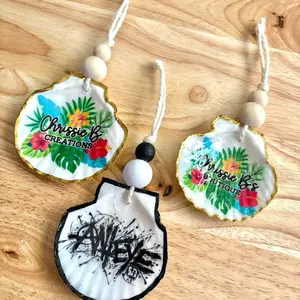Personalized Decoupaged Seashell Ornament | Wood beads | 2” - 3” Custom Photo or Logo Oyster Shell | Coastal Decor Christmas Gift | Beach Wedding Favor