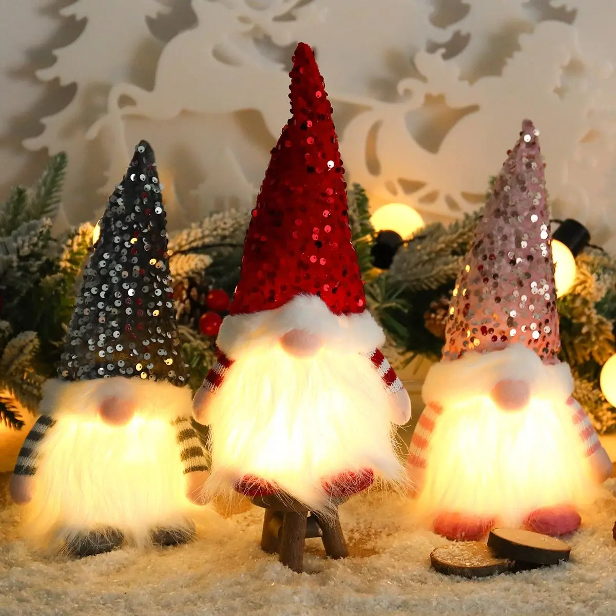 Light Up Christmas Gnome Doll, 3 Counts/set Cute Glitter Gnome Doll Ornament, Desktop Decoration for Home Party Festival, Christmas Decorations