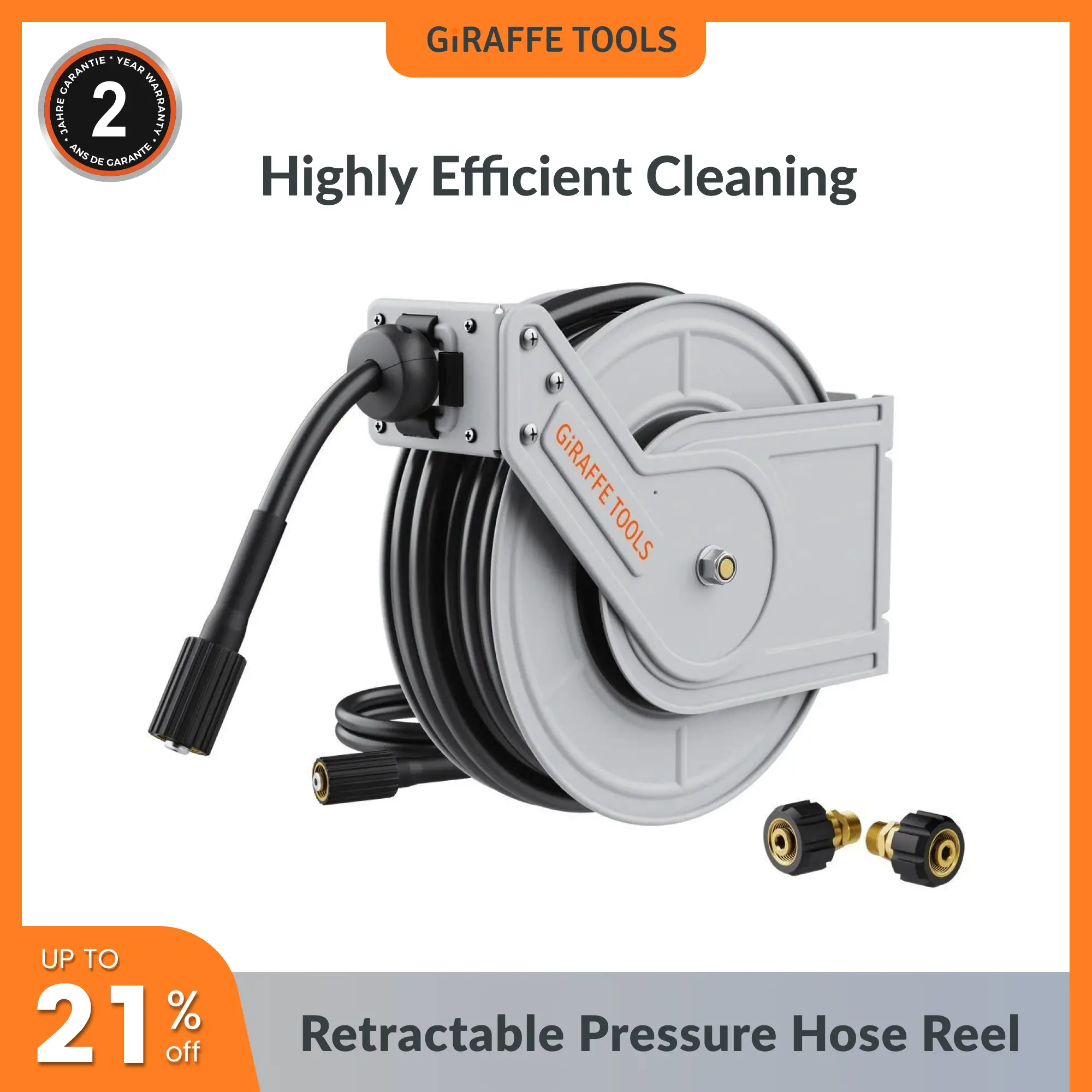 Giraffe Tools Retractable Pressure Hose Reel 4000 PSI Heavy Duty 65ft Retractable Hose for Power Washers Lockable at Any Length Wall Mounted