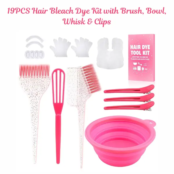 19PCS Hair Bleach Dye Kit with Brush, Bowl, Whisk & Clips – Complete Hair Coloring & Highlighting Set for Women, Stylists & Salon Use