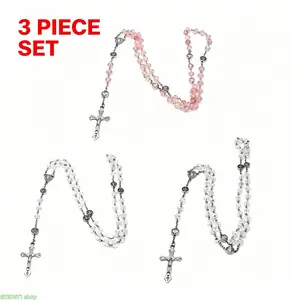 Pink Crystal Bead Rosary Necklace Silver Tone Cross Pendant Religious Jewelry for Devotional Wear and Casual Style
