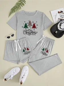 Women's Christmas Tree Print Pajama Set, Matching Pajamas, Casual Fitted Sleepwear, All-Season Comfortable Nightwear, Moderate Fabric Thickness