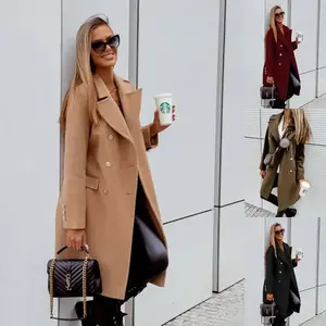 2025 Women’s Spring Double-Breasted Woolen Jacket – Mid-Length, Casual Suit Style, Dual Pockets, Relaxed Fit Outerwear