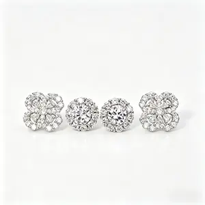 Women's Dainty 2-Pair Hypoallergenic Cubic Zirconia Earrings Set - Halo & Clover Studs, Bridal Event & Daily Wear Studs Jewelry, Spring Fashion Accessory