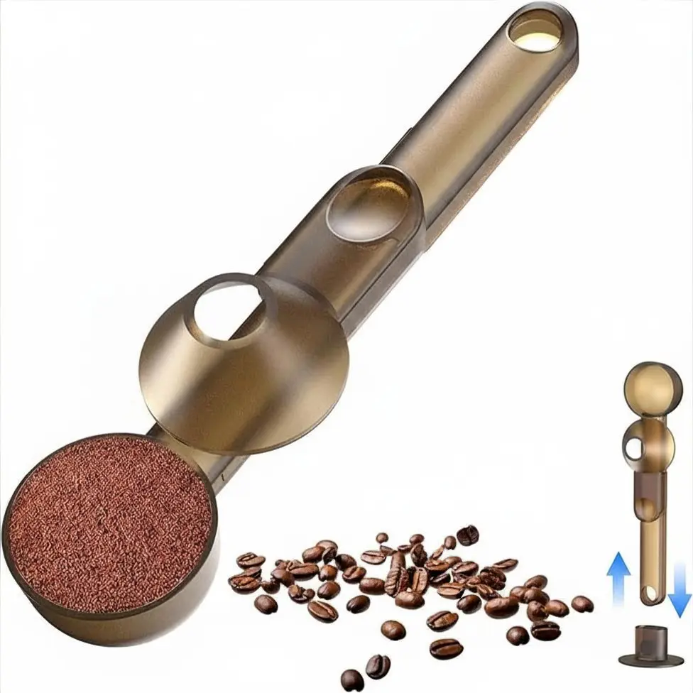 Coffee Scoop with Funnel for Reusable K Cup Refillable Coffee Pods, 2 TBSP Mess-Free Measuring Spoon with Sliding Leveler, Ideal for Ground Coffee, Protein Powder & Tea (Transparent Brown, 1-Pack)