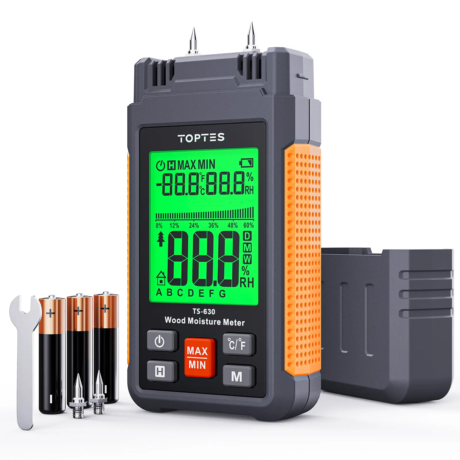 TopTes TS-630 Wood Moisture Meter for Firewood/Drywall, 2.25-inch LCD Screen with 3 Color Backlight Dry-Moisture-Wet Display, 2 Mode 7 Calibration Scales – Orange
