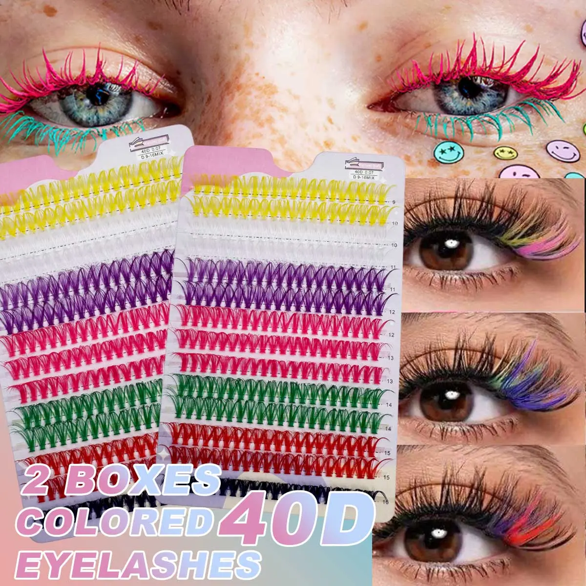 Two Boxes Colored Mega Eyelash Clusters 560Pcs Individual Lashes D Curl 9-16mm Mixed 7 Colors DIY Eyelash Extension Cluster Lashes With White Eyelash Clusters Pack Voluminous False Eyelash Set, Eyelash Clusters Extensions Fashion Eyelashes