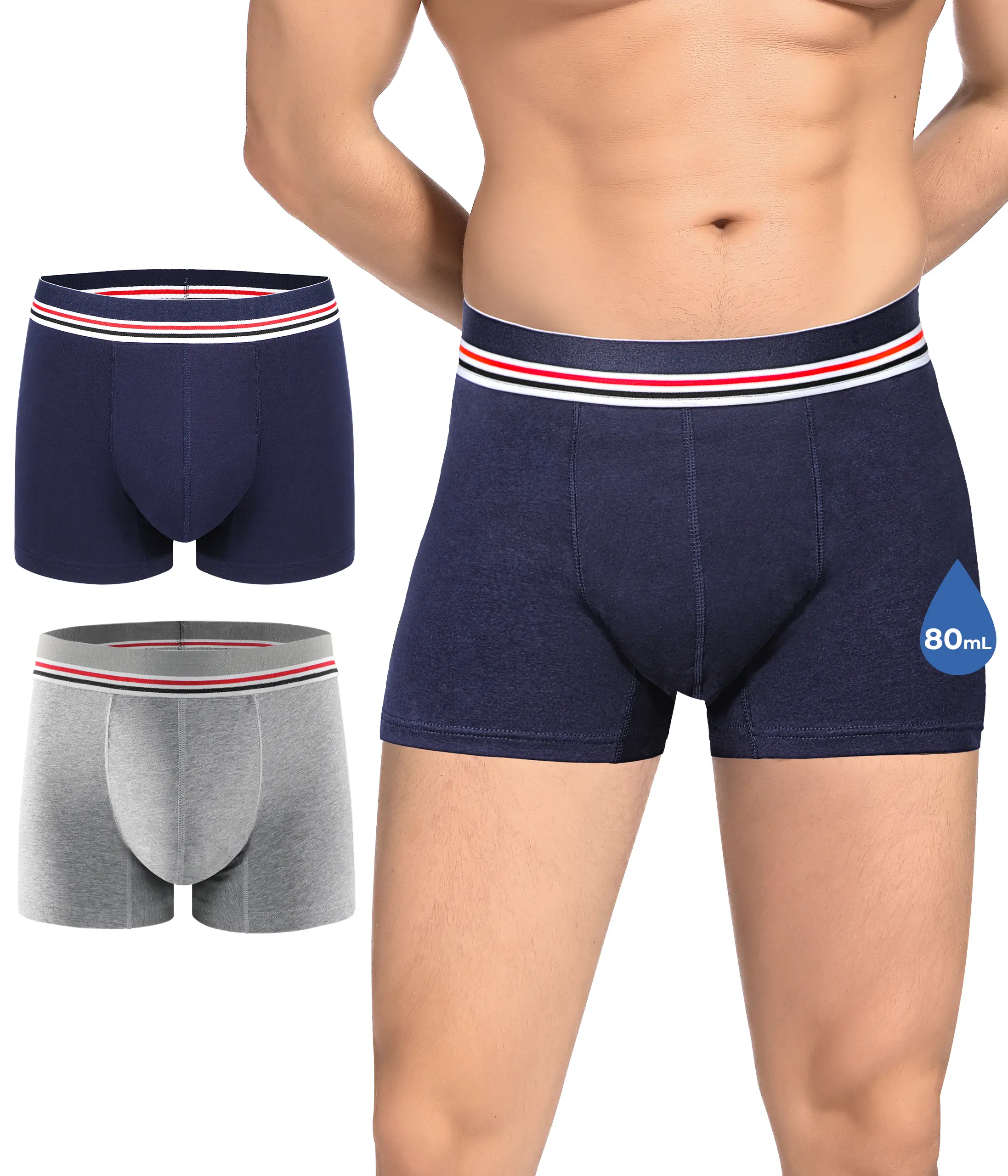 CARER Men's Incontinence Briefs, 2-Pack Navy Washable Dry Fit with Striped Waistband, 80ml Protection for Light Leakage, No Pads Needed, Activewear, Waterproof, Work, Quick Dry