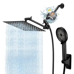 Shower head, 10-inch booster shower set, adjustable telescopic arm, 3-mode handheld shower head, 20 levels of filtration, equipped with an 11-inch telescopic adjustment rod, matte black High Filtered Shower Head with Switch