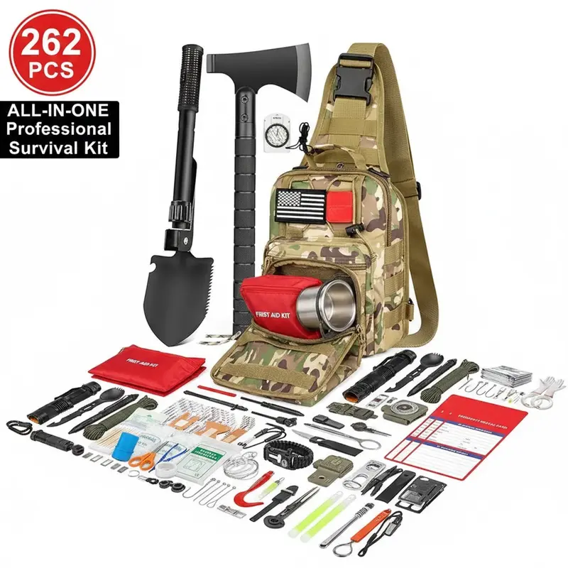 262-Pcs Survival Equipment Kit with MOLLE-Compatible Crossbody Bag, First Aid Gear, Emergency Tent, Outdoor Survival Supplies, 72-Hour Lighting Power & Earthquake Emergency Prep Tools, Gift for Men