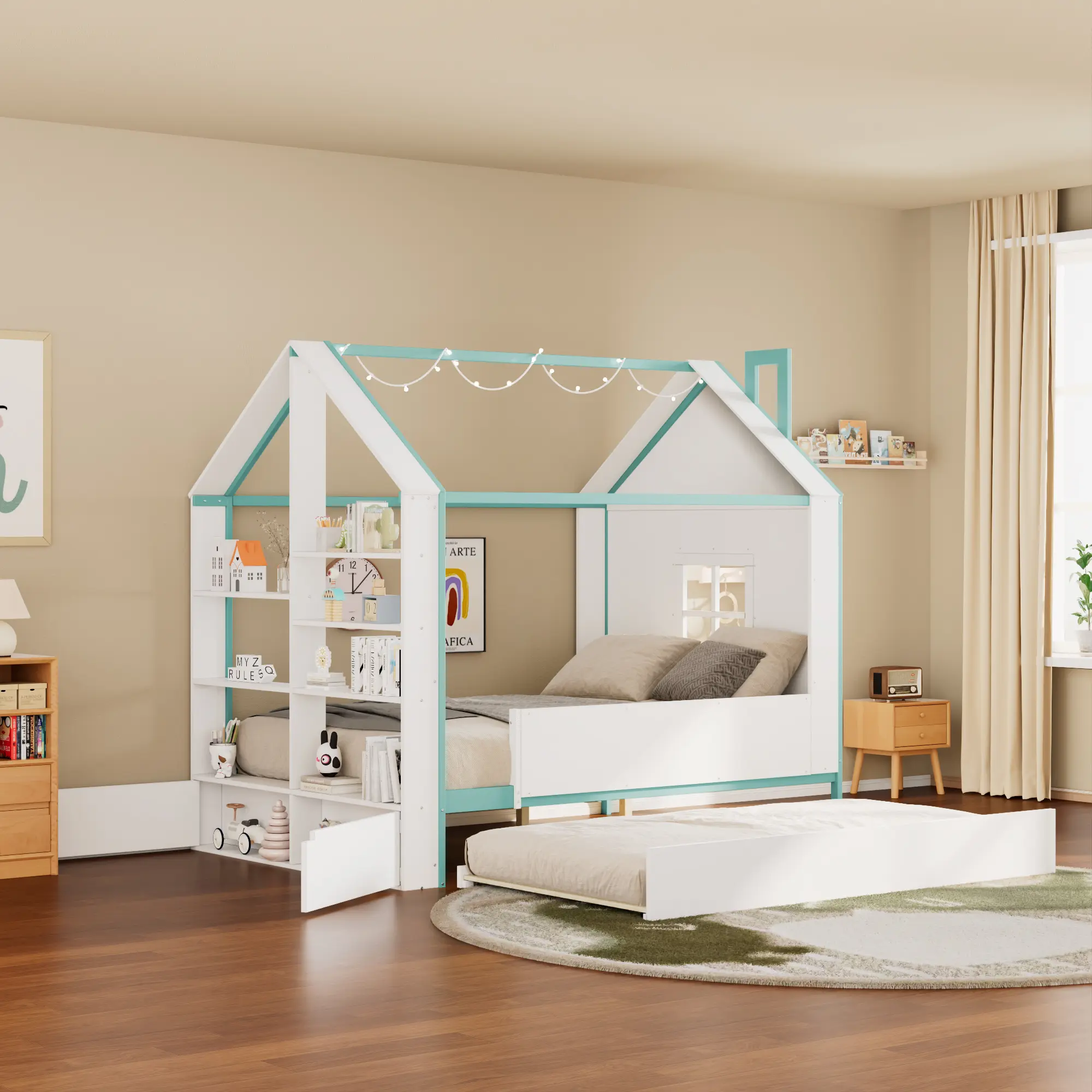 Full Size House Bed Frame, White+Blue, with Trundle, Storage Shelves, and Cool White LED Lights, MDF/Pine/Plywood, Ideal for Kids' Bedrooms and Guest Rooms