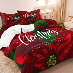 3pcs Christmas Poinsettia Decorative Duvet Cover, Holiday Bedding With Red Flowers Ornaments Pattern, Winter Festive Bedroom Decor, Soft Comfortable Quilt Pillowcase For Home Guest Room, Perfect Xmas Gift (1*Duvet Cover + 2*Pillowcase)