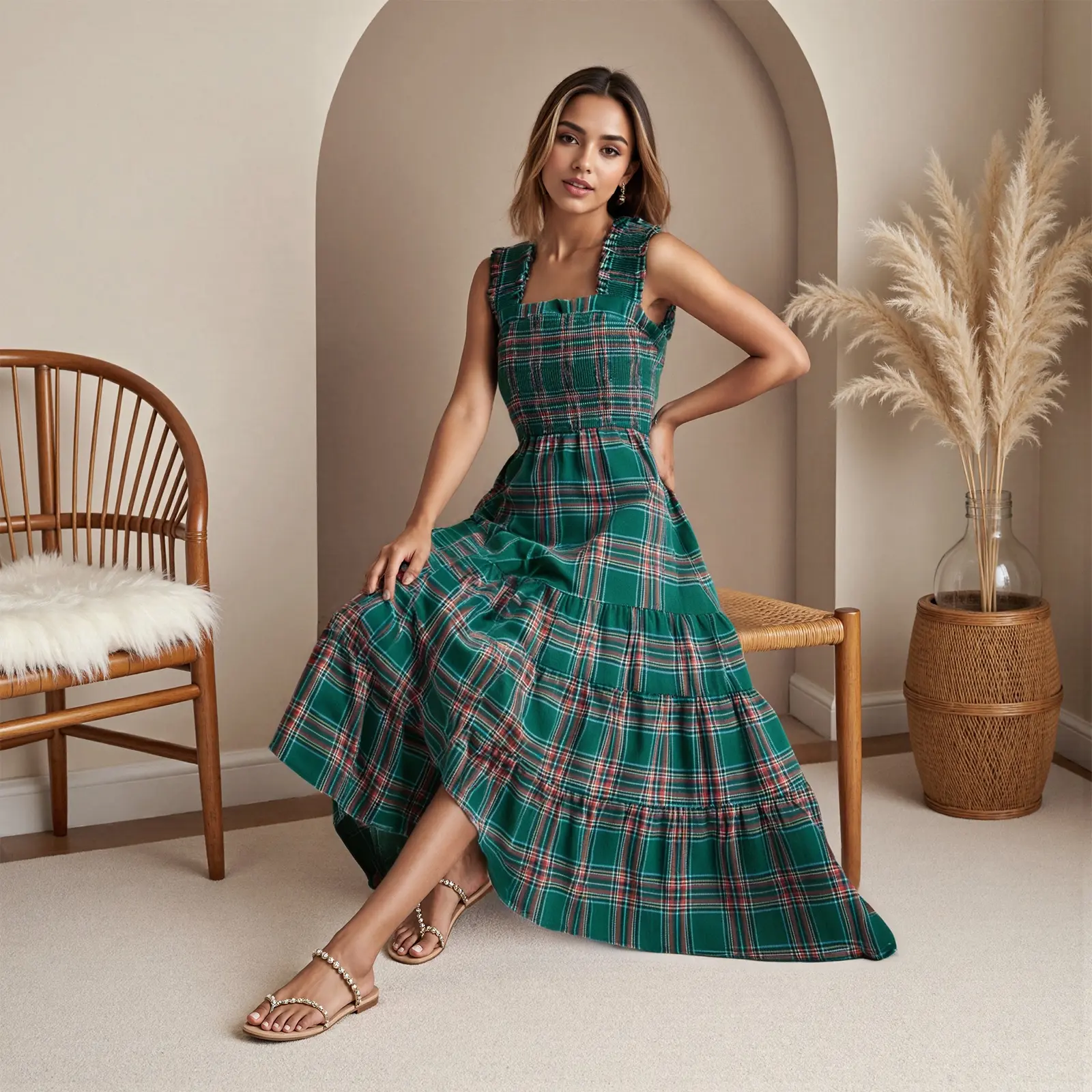 Women's Plaid A-Line Party Dress - Sleeveless Square Neck Cotton Blend Midi with Smocked Bodice & Ruffled Hem, Casual Dresses, Cocktail, Polyester, Fashion Apparel, Birthday, Beach Club Streetwear, Print, Lady, High Waisted, 100% Brand New, Easy To Show C