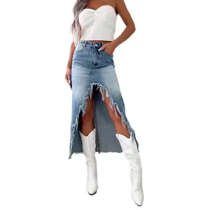 2025 Spring High-Waisted Denim Skirt Irregular Raw Edges and Ripped Washed A Fashionable Model Comfort Basic outfits Clothing Blue jean skirt outfit Womenswear Bottom