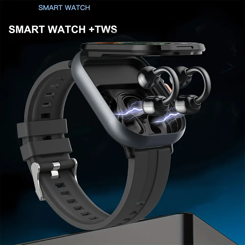 Smart Watch with Detachable Earbuds for Smartphones - HD Large Screen, Multiple Sports Modes, Pedometer, Dial Selection, Wireless Calling, Texting, Remote Camera Control (Wearable Device), Smartphone