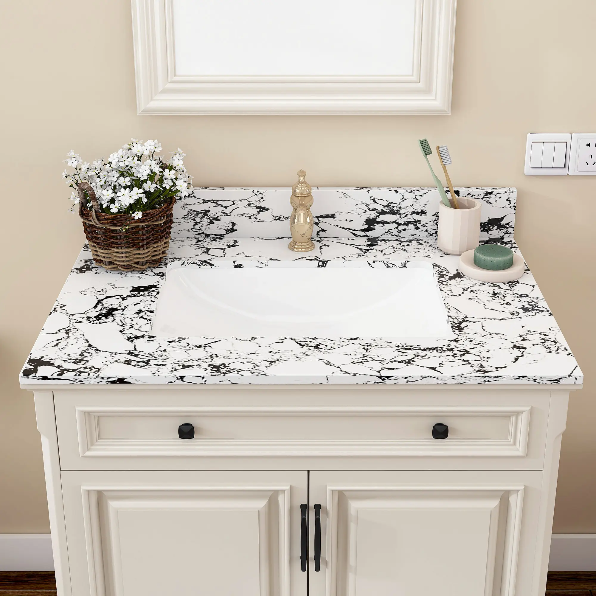 31x22 Inch Bathroom Vanity Top with Undermount Ceramic Sink and Backsplash, Artificial Marble Countertop with 1 Pre-Drilled Hole, New Carrara White and Black, for Bathroom Vanity Cabinet, Single Sink Top, Bathroom Furniture for Vanity Area