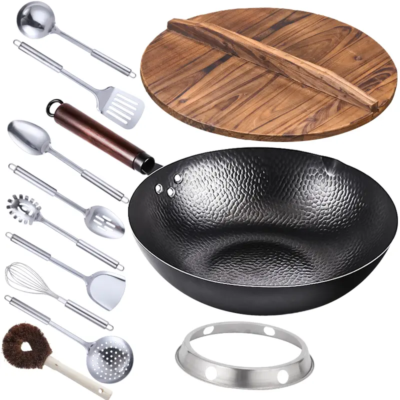 12.6" Iron Wok-11Pcs Woks & Stir Fry Pans Wok Pan With Lid, No Chemical Coated Chinese Wok With 10 Cookware Accessories, Flat Bottom Wok For Electric, Induction, Gas Stoves