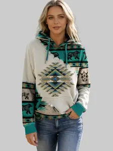 Women's Western Style Aztec Hoodie, Cowgirl Ethnic Rhombus Print Pullover with Soft Long Sleeves, Drawstring Hood and Kangaroo Pocket for Casual Everyday Wear