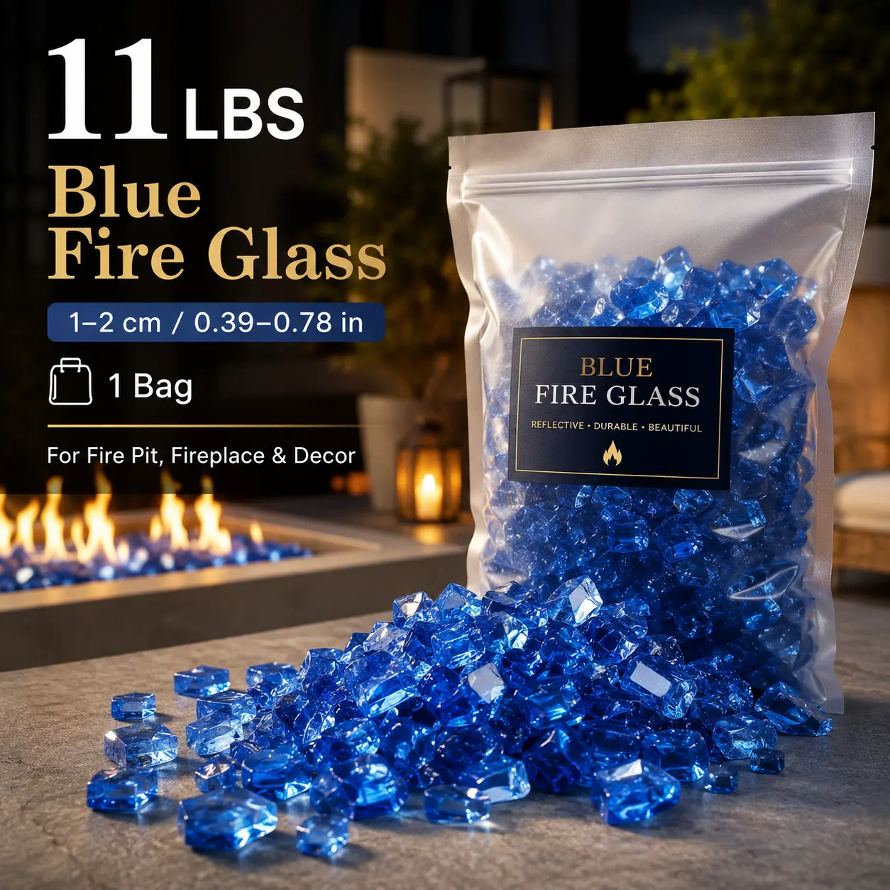 11 Lbs Blue Fire Glass, 1–2cm Decorative Heat-Resistant Glass Rocks for Fire Pit, Fireplace, Fire Table, Patio Decor & Vase Filler