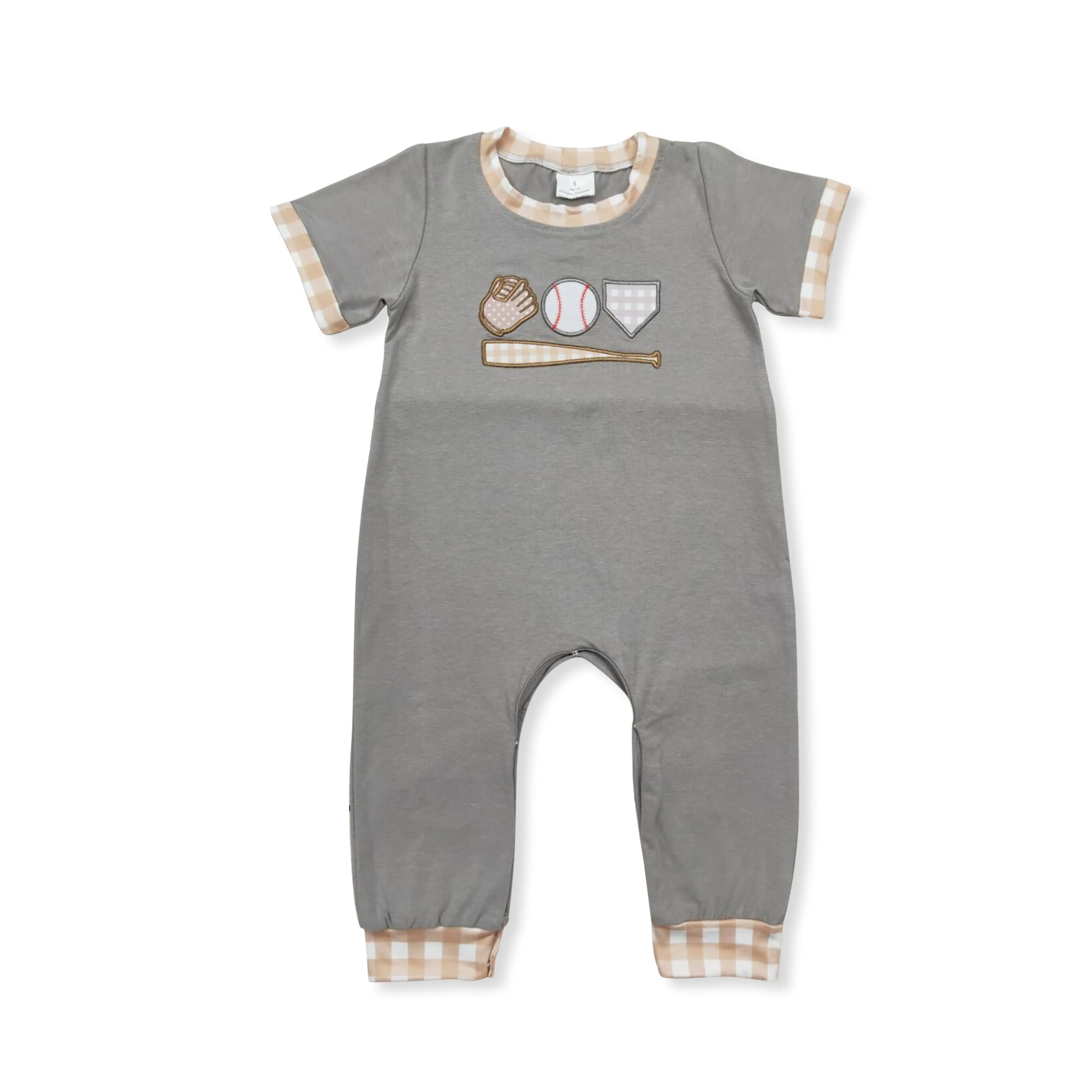 Baby Gray Baseball Print Onesie Bodysuit, Toddler Onesies, Sleeveless Letter Print Romper Jumpsuit