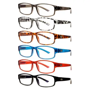 6-Pack Fashionable Anti-Blue Light Reading Glasses Rectangular full-rim frame design, suitable for both men and women. Features spring hinges and premium anti-blue light lenses to relieve eye strain. Essential for daily reading and computer work. Durable