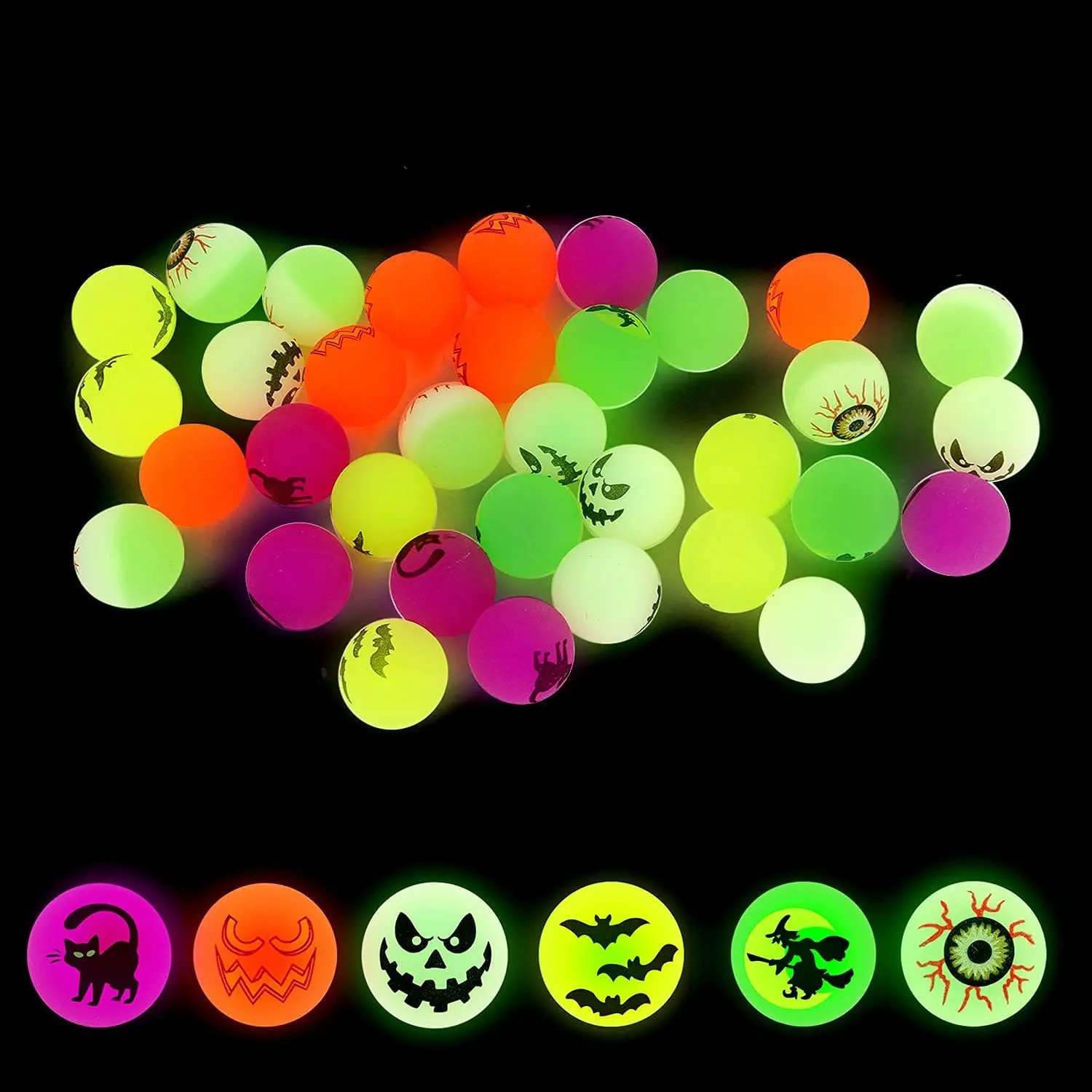 24pcs Halloween Glow in The Dark Bouncing Balls,Halloween Theme Designs Bouncy Ball for Halloween Party Supplies