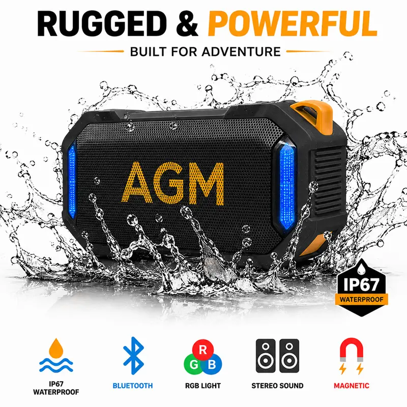 AGM MagROCK Magnetic Bluetooth Speaker - IP67 Waterproof Floating Portable Audio Device with RGB Lights, Deep Bass, TWS Stereo, Rugged Shockproof, USB-C Charging, Magnetic Mount for Camping, Golf