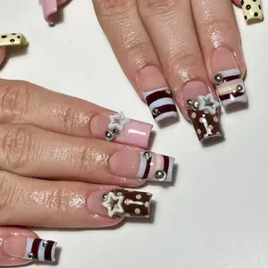 yonne Pink Brown Star Charm Press-On Nails, 3D Details, Stripe & Dot Mix, Cute Kawaii Aesthetic, Short Square Nails