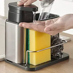 Kitchen Sink Soap Dispenser, 1 Count 3 in 1 Sink Soap Dispenser with Sponge Holder, Kitchen Sink Storage Rack, Home Organizer for Kitchen, Dish Soap Dispenser