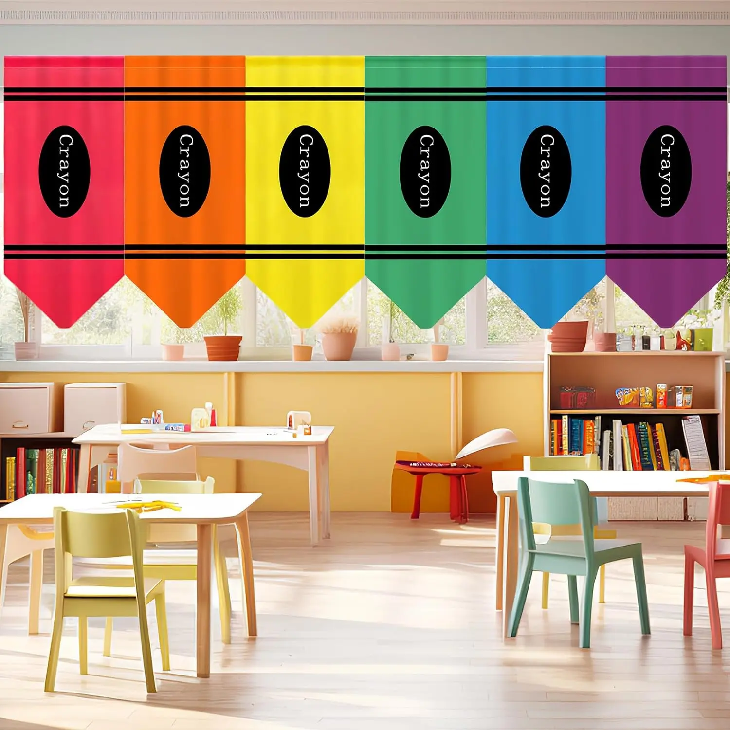 6/8 Pcs Classroom Curtains with Rainbow Crayon & Colorful Pencil Design, Back to School Decorative Storage Cover for Cubbies, Shelves, First Day of School Decor for Kindergarten Primary Daycare