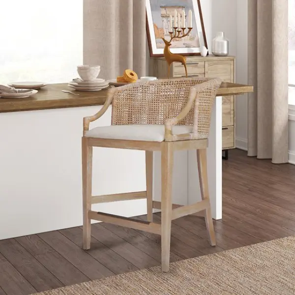 Rattan Counter Stool 25" H – Handwoven Natural Barstool with Footrest, Boho Coastal Kitchen Island Seating, Indoor Bar Chair for Home Bar, Pub Table, Dining Counter, 1 Piece