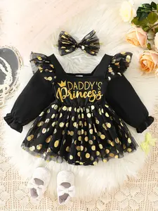 Gold Polka Dot Mesh Bubble Sleeve Square Neck Romper + Bow Hairband, Daddy's Princess Embossed Print, Girl Baby Clothing Birthday Party Dress Set