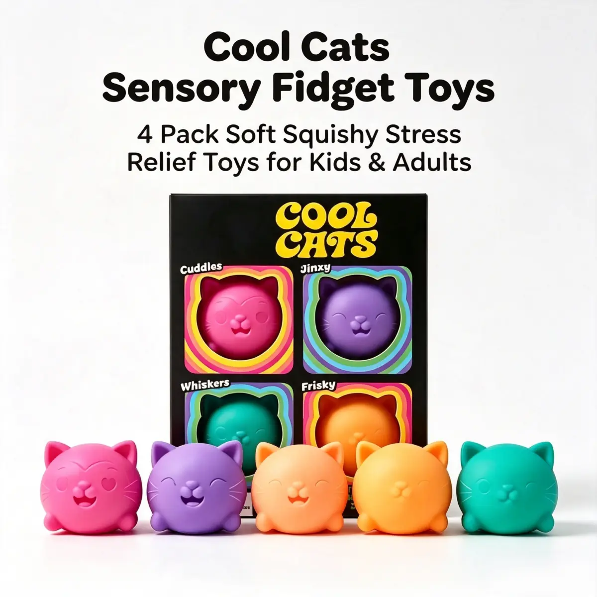 4 pcs -Teenie Cool Cats Squish Fidget Toy,Cute Cat Slow Rebound Stress Relief Balls, Kawaii Animal Stress Toy Set,squishies toys