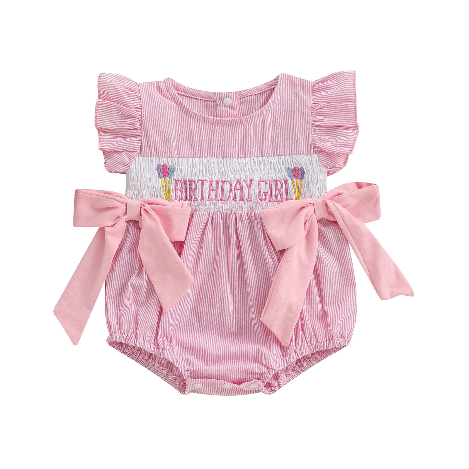 Newborn Baby Girl Half First Birthday Outfit Smocked Bubble Romper Fly Sleeve Bodysuit Cake Smash Outfit