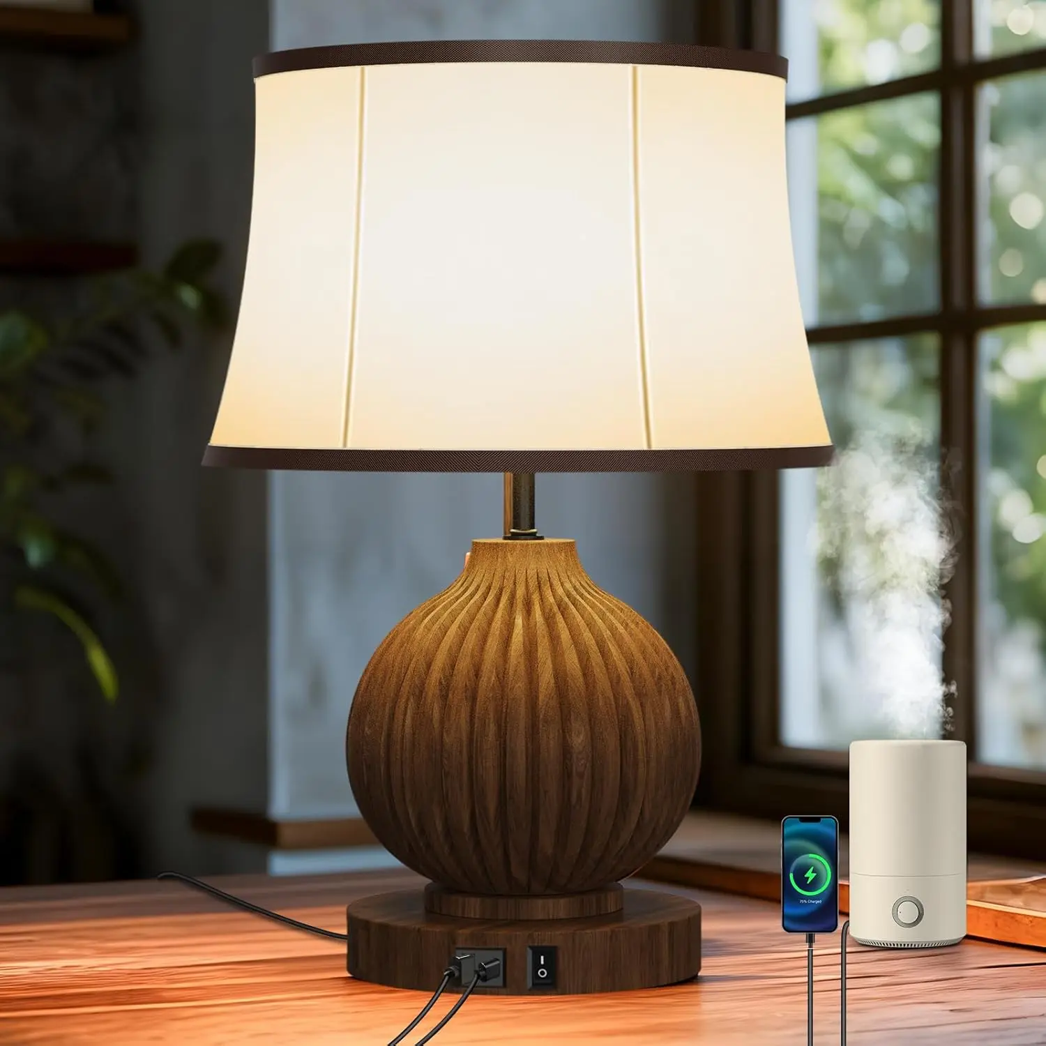 GE ETL Certified 18-in Walnut Wooden Base Freestanding Table Lamp, Country Rustic Farmhouse Room Decor for Living Room, Bedroom